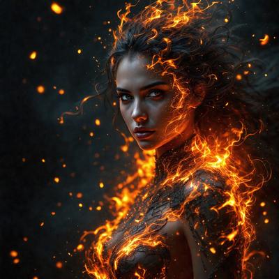 The primary subject of the image is a woman with long hair, who is the main focus of the scene. She is standing in front of a backdrop of fire, which creates a dramatic and intense atmosphere. The visual style of the image is a digital art or illustration, as it features a woman with a fiery aura, which is not typically found in a photo. The colors and mood of the image are predominantly red and orange, which are associated with fire and passion.